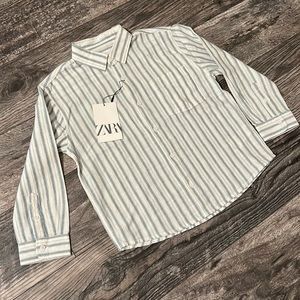 Zara cotton dress shirt boy 7 years new white blue stripes cotton/linen blend